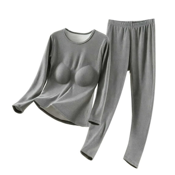 asdoklhq Flannel Pajamas for Women Set Women's Innerwear Set for Fall and Winter - Soft Warm Long-Sleeved Round Neck with Built-in Bra Thermal Underwear Suitable for Cold Weather Dark Gray L
