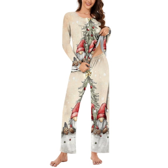 asdoklhq Flannel Pajamas for Women Women Christmas Fashionable and Casual Loose Printed Round Neck Button Up Long Sleeved Pants Pajama Set Multicolor 2X