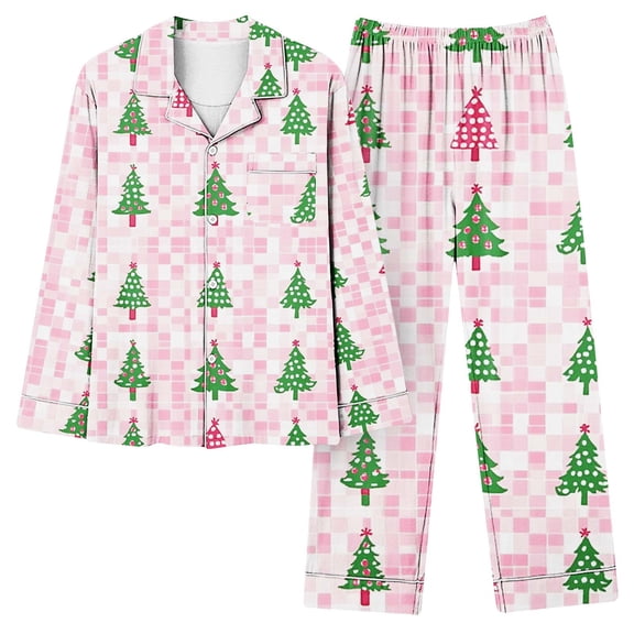 asdoklhq Flannel Pajamas for Women Christmas Home Pocket Printed Pajama Set for Daily Home Wear Long Sleeves Set Pink 3X
