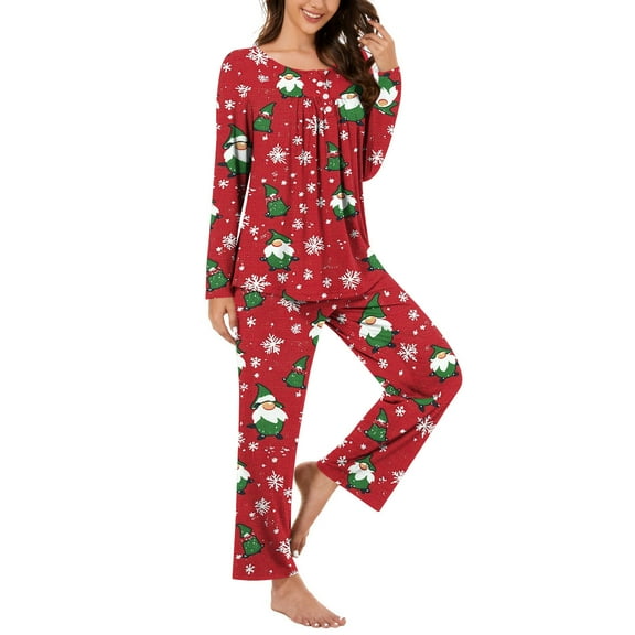 asdoklhq Flannel Pajamas for Women Ladies' Christmas Printed V-neck Casual Long Top Pants Pajama Set Red M