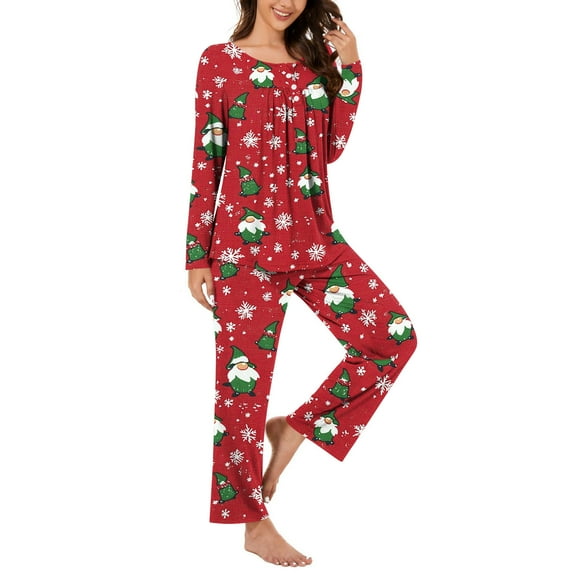 asdoklhq Flannel Pajamas for Women Ladies' Christmas Printed V-neck Casual Long Top Pants Pajama Set Red S