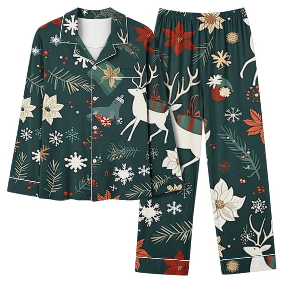 asdoklhq Flannel Pajamas for Women Women Casual Loose Fashion Christmas Printed Long Pants Long Sleeve Turndown Collar Pajamas Suit Set Red L