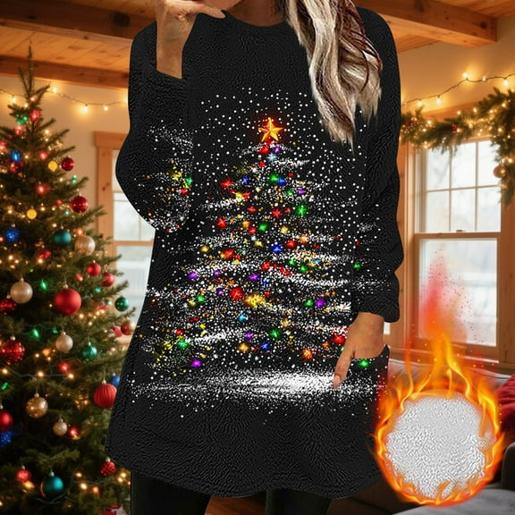 asdoklhq Flannel Shirt Women S Winter Warm Round Neck Side Pocket Printing Long Sleeved Thick Hood Top Black S