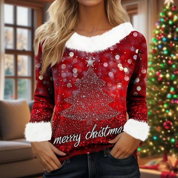 asdoklhq Flannel Shirt Women Winter Christmas Printed Fashionable Casual Long Sleeved Round Neck Pullover Top Red 2X