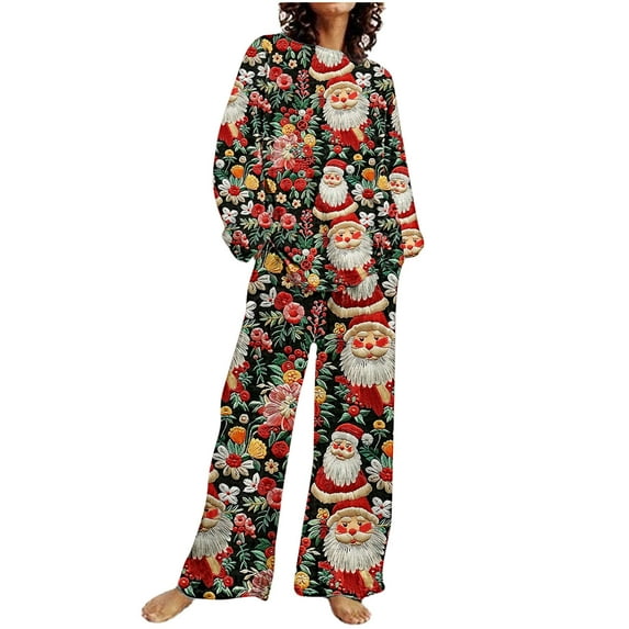 asdoklhq Fleece Pajamas Women Christmas Fashion Print Casual Sleeved Sleeved Long Round Neck Loose Straight Leg Pantsuit Multicolor 5X