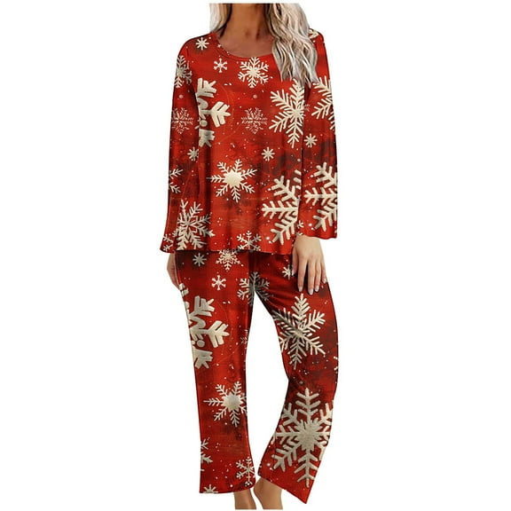 asdoklhq Fleece Pajamas Women Ladies' Christmas Printed Casual Top Pants Pajama Set Red XL