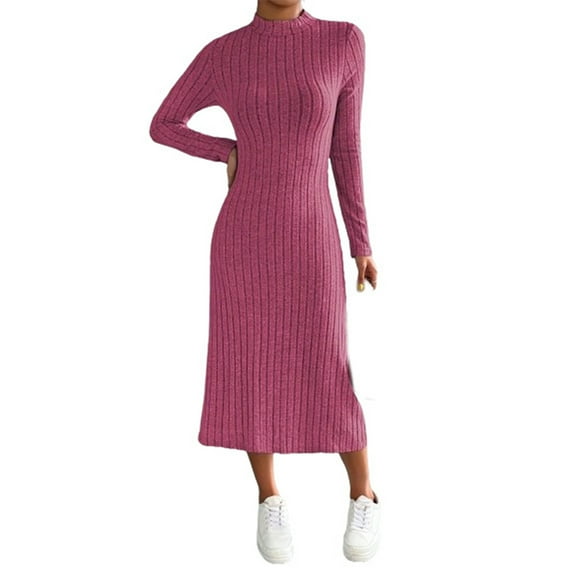 asdoklhq Floral Dress for Women Casual Round Neck Mid Length Dress European and Slim Solid Color Knitted Matte Stripe Long Sleeved Dress Hot Pink 2X
