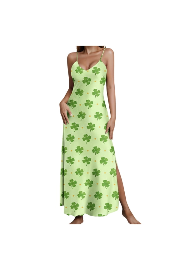 Formal Dresses for Women Quinceanera Dresses Women's St. Patrick's Day Summer Casual Printed V-neck Split Color Ding Strap Sleeping Skirt Multicolor M