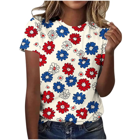asdoklhq Fourth Of July Shirts for Women Oversized Tshirts Women's Casual and Fashionable Printed T-shirt with Round Neck and Short Sleeved Top Beige M