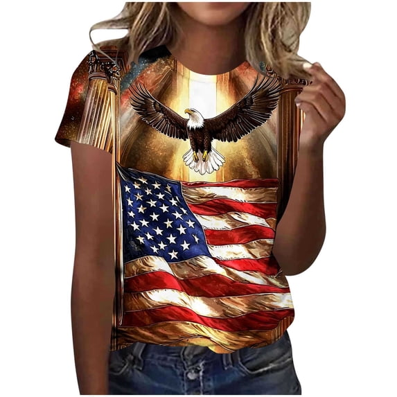 asdoklhq Fourth Of July Shirts for Women Oversized Tshirts Women's Casual and Fashionable Printed T-shirt with Round Neck and Short Sleeved Top Khaki M