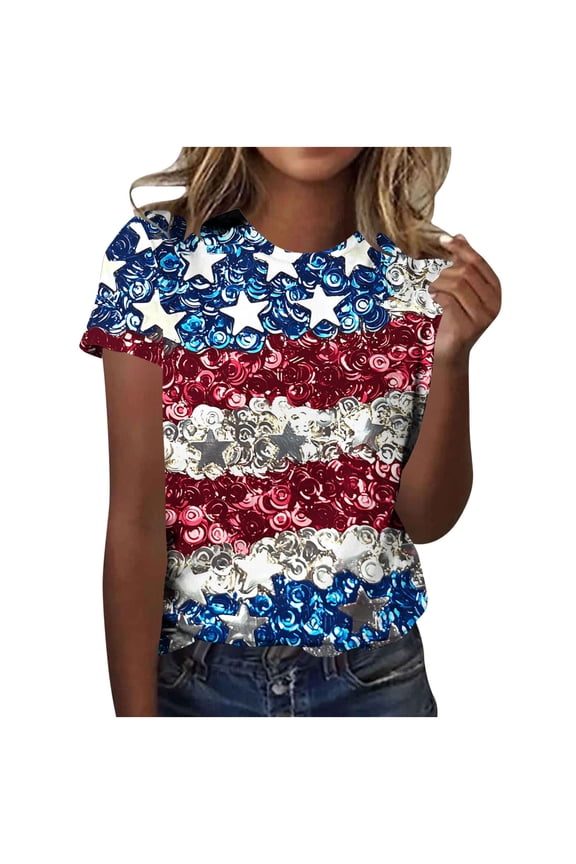 Fourth Of July Shirts for Women Oversized Tshirts Women's Casual and Fashionable Printed T-shirt with Round Neck and Short Sleeved Top Silver L