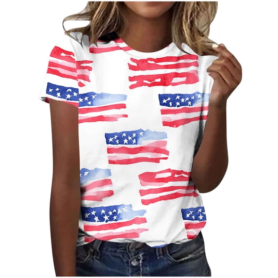 asdoklhq Fourth Of July Shirts for Women Oversized Tshirts Women's Casual and Fashionable Printed T-shirt with Round Neck and Short Sleeved Red XL