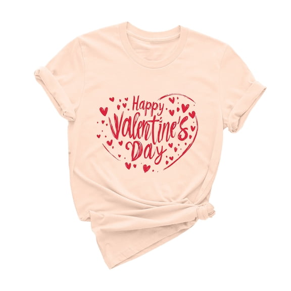 asdoklhq Funny Valentine's Day Tees for Women Women's Casual Round Neck Short-sleeved Christmas Tree Printed T-shirt Beige XL