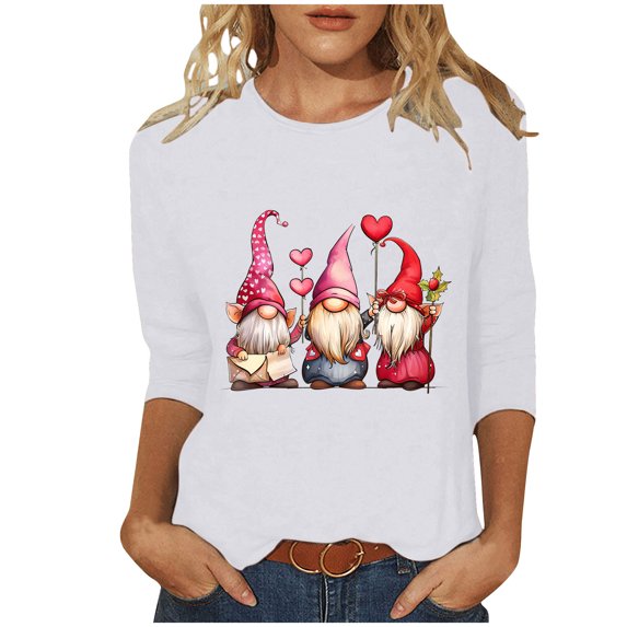 asdoklhq Funny Valentine's Day Tees for Women Women's Fashion Tees Casual Crewneck 3/4 Sleeve Loose T Shirt Ladies Blouses Shirts White M