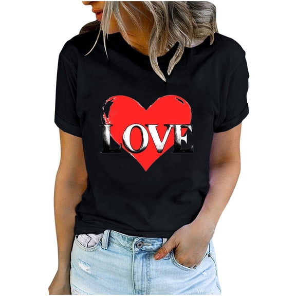 asdoklhq Funny Valentine's Day Tees for Women Women's Lover Printed T-shirt Round Neck Short Sleeved Top Black L