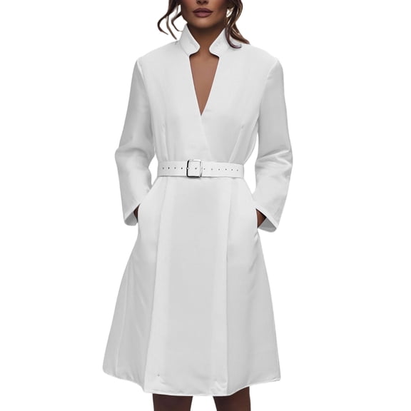 asdoklhq Gold Dresses for Women Solid Color V Neck Long Sleeve Dress with Belt White XL