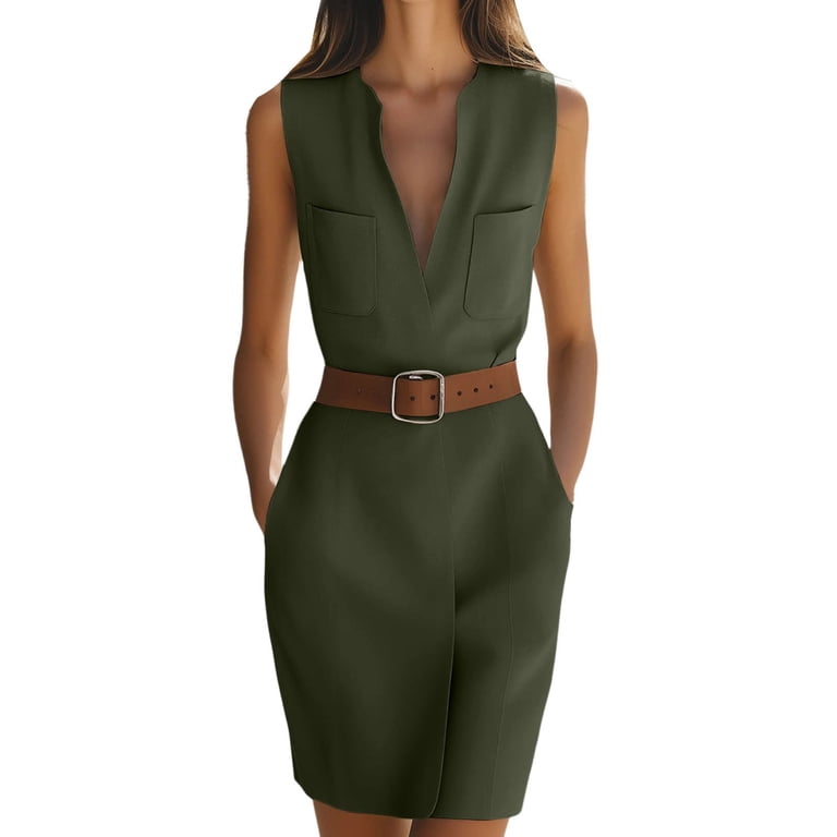 asdoklhq Graduation Dress Office Midi Dress Business Casual Women's Solid Color Sleeveless V-Neck Business Casual Workwear Midi Multi-Pocket Dress with Belt Green 2X