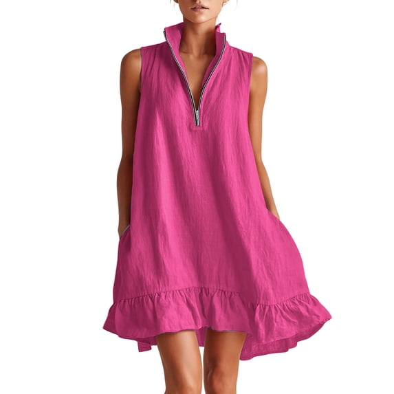 asdoklhq Graduation Dress Summer Dresses for Women Sundress Women's Sleeveless Half Zip Ruffle Hem Dress Stand Collar Casual Loose Summer Mini Dress Hot Pink S