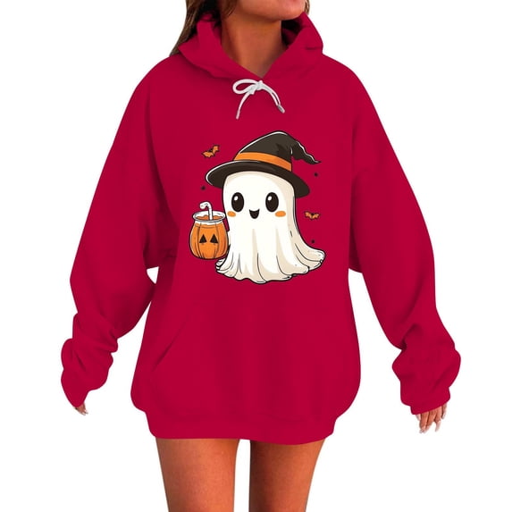 asdoklhq Halloween Hoodies Graphic T Shirts Women and Winter Casual Christmas Solid Round Neck Long Sleeve Pullover Blouse Sweatshirt Red XL