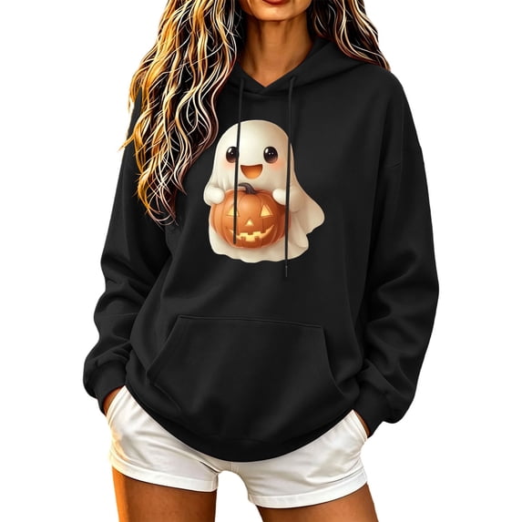 asdoklhq Halloween Pumpkin Sweaters Graphic Tshirts Shirts Winter Ladies' Graphiced Long Sleeve Hooded Sweatshirt Black S