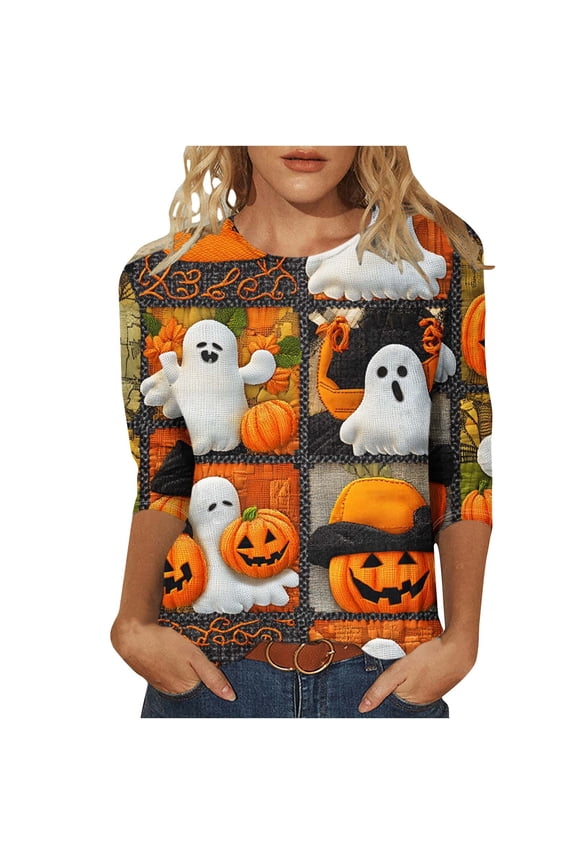 Halloween Pumpkin Tops Ladies' St. Patrick's Day Printed Round Neck Three Quarter Sleeve 3/4 Sleeve T-shirt Loose Green 5X