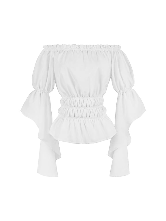 Halloween Retro Tops Pirate Shirt Vintage Winter Puff Renaissance Off The Shoulder Ruffled Blouse White 2X