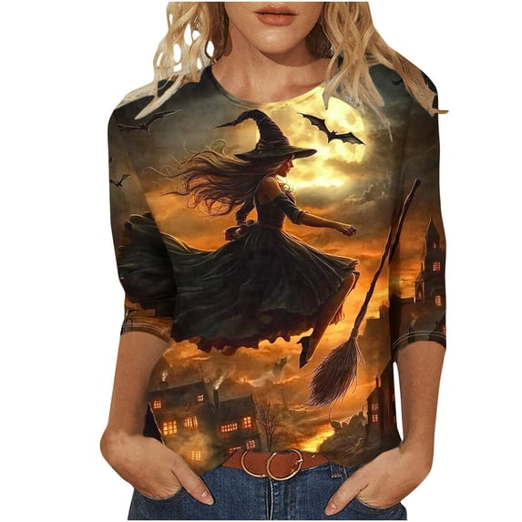 asdoklhq Halloween Tshirt Casual Fall Ladies' Trendy Printed Round Neck 3/4 Sleeve T-shirt Loose Top Multicolor L