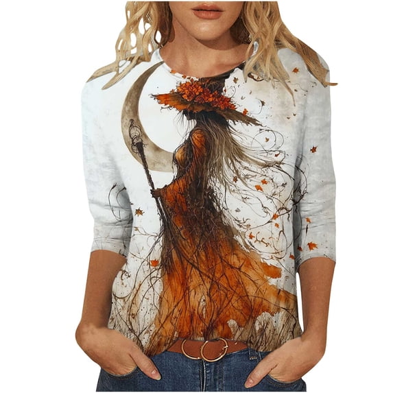 asdoklhq Halloween Tshirt Casual Fall Ladies' Trendy Printed Round Neck 3/4 Sleeve T-shirt Loose Top Multicolor XL