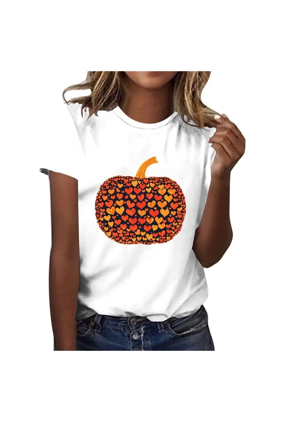 Halloween Tshirts Women Fall Ladies' Thanksgiving Pumpkin T-shirt Round Neck Short Sleeve Top White S
