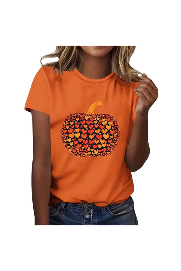Halloween Tshirts Women Fall Ladies' Thanksgiving Pumpkin T-shirt Round Neck Short Sleeve Top Yellow M