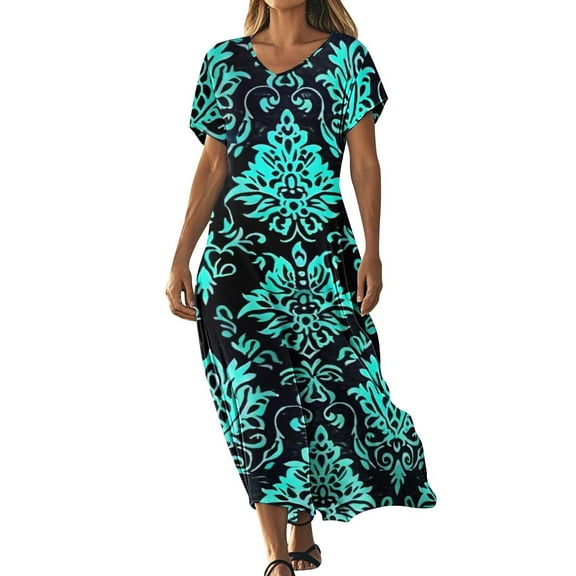 asdoklhq Hawaiian Dresses for Women Fashionable Printed Short Sleeved V-neck Dress Long Skirt Black L