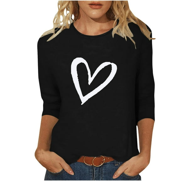 asdoklhq Heart Print Valentine's Day Tees Valentine's Day Women's 2025 Spring/Summer Fashion Clothing 3/4 Sleeve T-shirt Round Neck Top/Shirt Black S