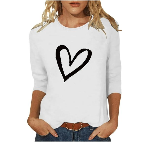 asdoklhq Heart Print Valentine's Day Tees Valentine's Day Women's 2025 Spring/Summer Fashion Clothing 3/4 Sleeve T-shirt Round Neck Top/Shirt White 4X