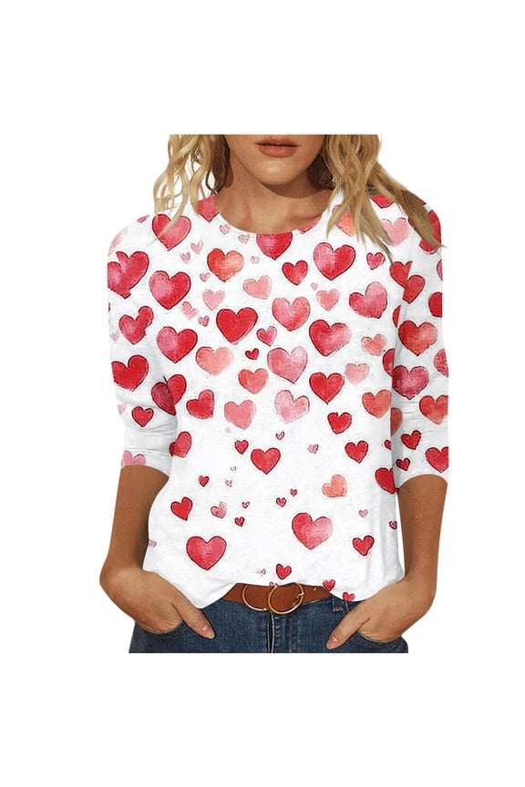 Heart Print Valentine's Day Tees Womenâs Fashion Casual 3/4 Sleeve Printing Round Neck T-Shirt Blouse Tops Watermelon Red 2X