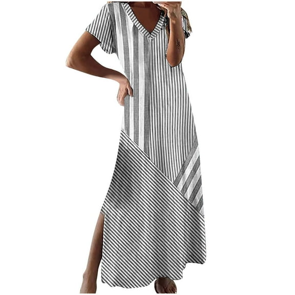 asdoklhq Holiday Dresses Women Fashion Printing Vent Short Sleeve-Neck Dress Gray M