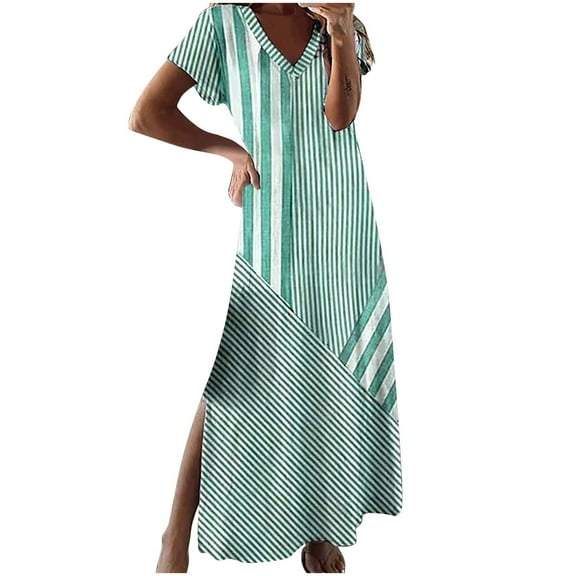 asdoklhq Holiday Dresses Women Fashion Printing Vent Short Sleeve-Neck Dress Green M
