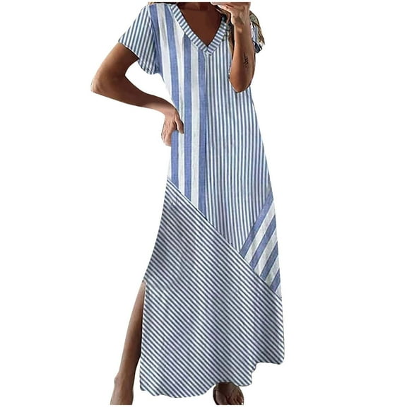 asdoklhq Holiday Dresses Women Fashion Printing Vent Short Sleeve-Neck Dress Sky Blue M