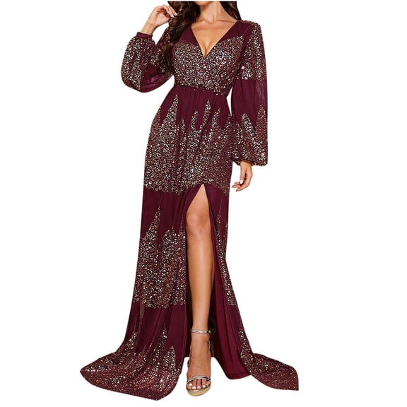 asdoklhq Holiday Dresses for Women 2025 Women's Fashion Casual Solid Color Long Sleeve V-Neck Dress Wine XL