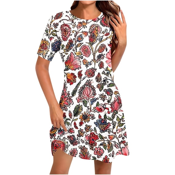 asdoklhq Holiday Dresses for Women 2025 Women's Fashion Round-Neck Short Sleeved Printed Pullover Dress Multicolor 3X