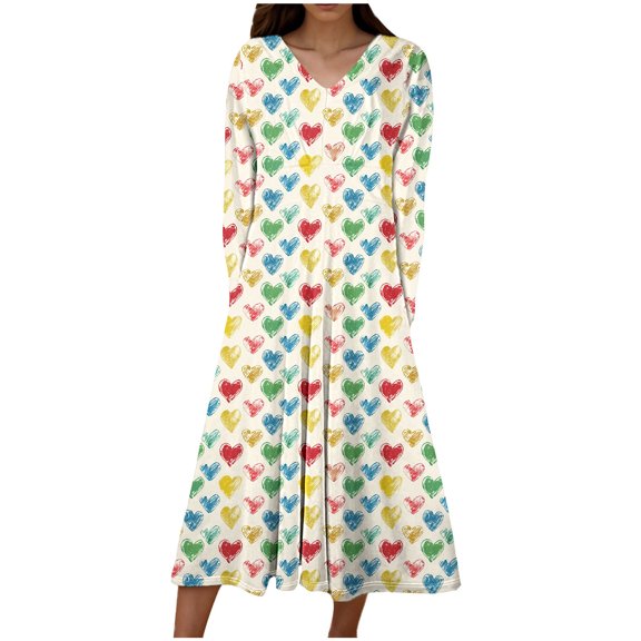 asdoklhq Holiday Dresses for Women 2025 Women's Short Sleeved V-neck Fashion Print High Waist Mid-Calf V-neck Dress Khaki L