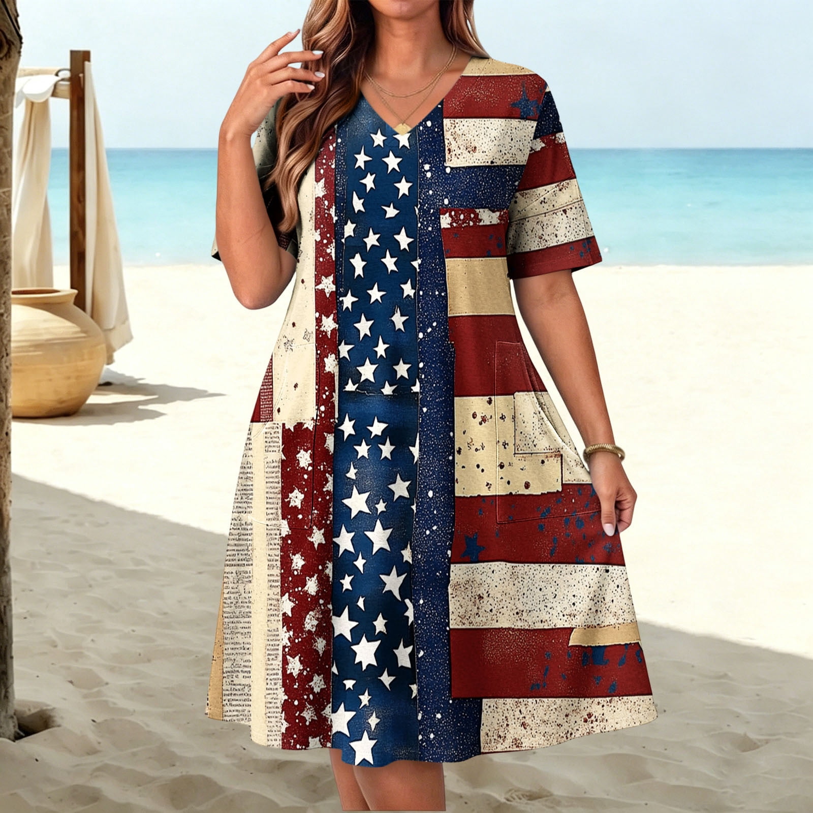 size 20 holiday dresses asdoklhq for Women Casual 4th July Plus Independence Day Printed Pocket Multicolor 4X plus size christmas party dress
