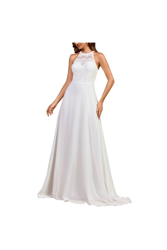 Holiday Dresses for Women Evening Dresses Ladies' Chiffon Lace Solid Color Round Neck Sleeveless Banquet Wedding Dress White L
