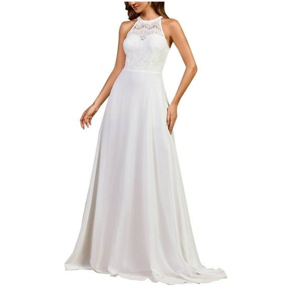 asdoklhq Holiday Dresses for Women Evening Dresses Ladies' Chiffon Lace Solid Color Round Neck Sleeveless Banquet Wedding Dress White M