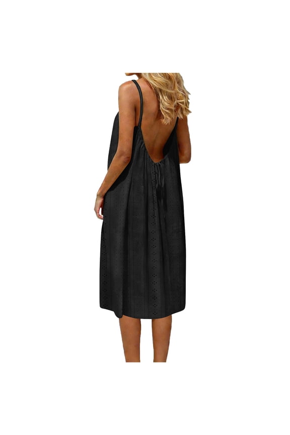Holiday Dresses for Women Maxi Dresses Fashion Women Summer Round-Neck Casual Solid Sleeveless Sleepshirts Sling Backless Dress Black S