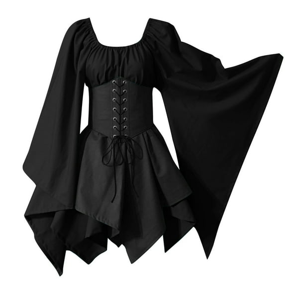 asdoklhq Holiday Dresses for Women Women Costumes Gothic Sleeve Corset Dresses Sleeve Round-Neck Knee-High Dress Black S