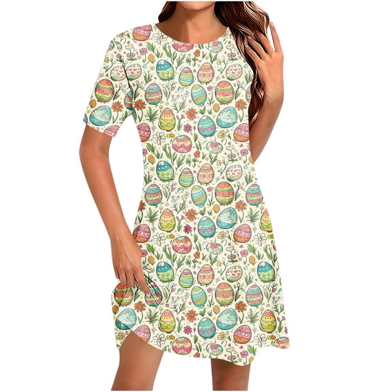 asdoklhq Holiday Party Dresses for Women Fashion Round-Neck Short Sleeved Printed Pullover Dress Multicolor 3X