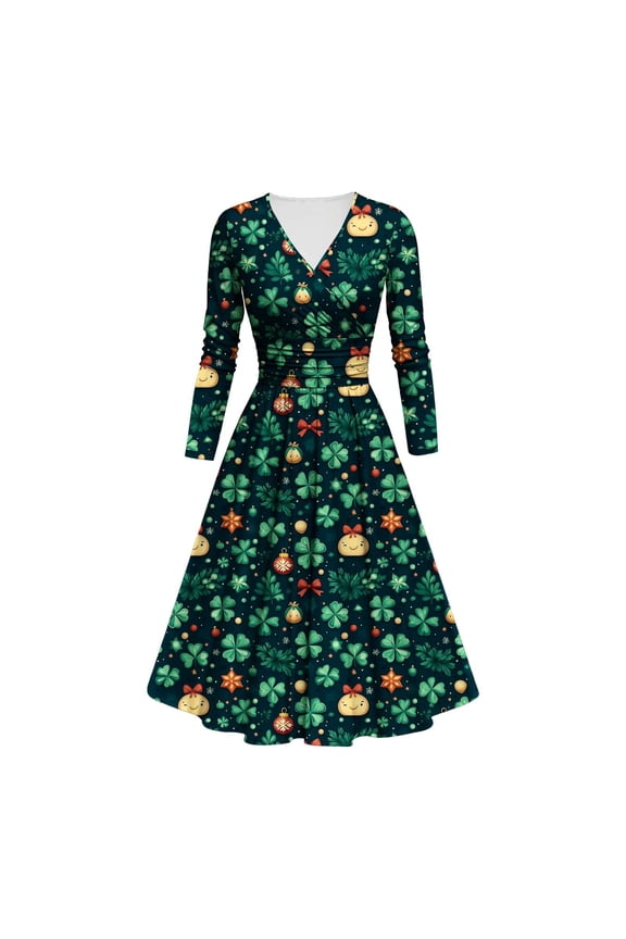 Holiday Party Dresses for Women Ladies' Printed Style Long Sleeved V-neck Dress Green XL