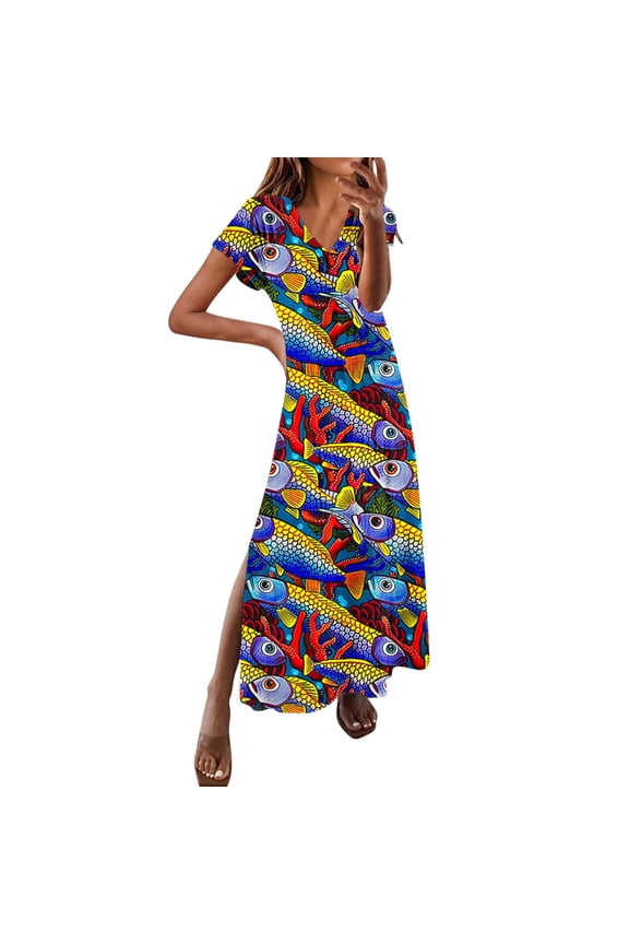 Holiday Party Dresses for Womens Spring and Summer V-Neck Solid Casual Short Sleeved Long Dress Red M