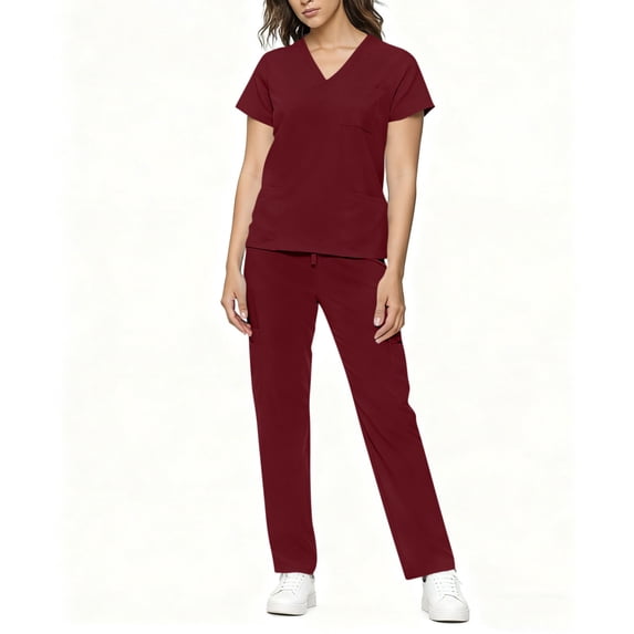 asdoklhq Jogger Scrubs for Women Solid Color Loose Drawstring Pants Pocket Caregiver Short Sleeve V-Neck Blouses Nursing Uniform Set Wine M