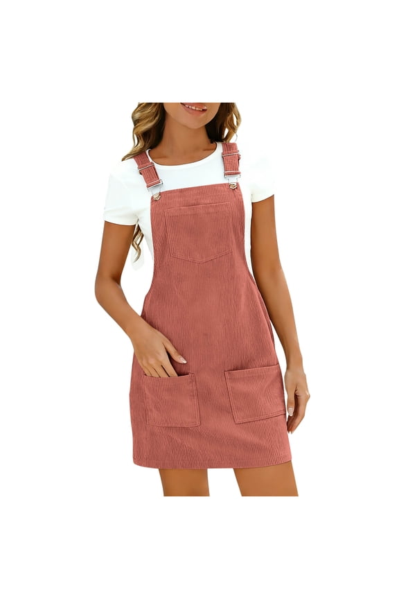 Jumper Dress Cami Dresses for Women Solid-Color Corduroy Overall Dress with Multi-Pockets Adjustable Straps Pink 2X